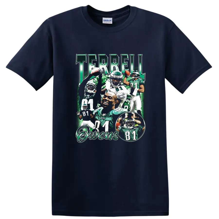 Terrell Owens Philadelphia Eagles number 81 football collage with TERRELL and Owens text on a Navy (Blue) T Shirt