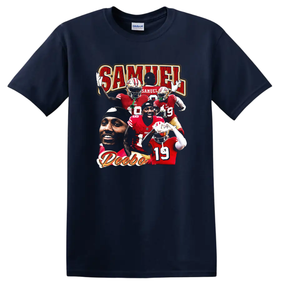 Deebo Samuel San Francisco 49ers football player collage with SAMUEL lettering on a Navy (Blue) T Shirt