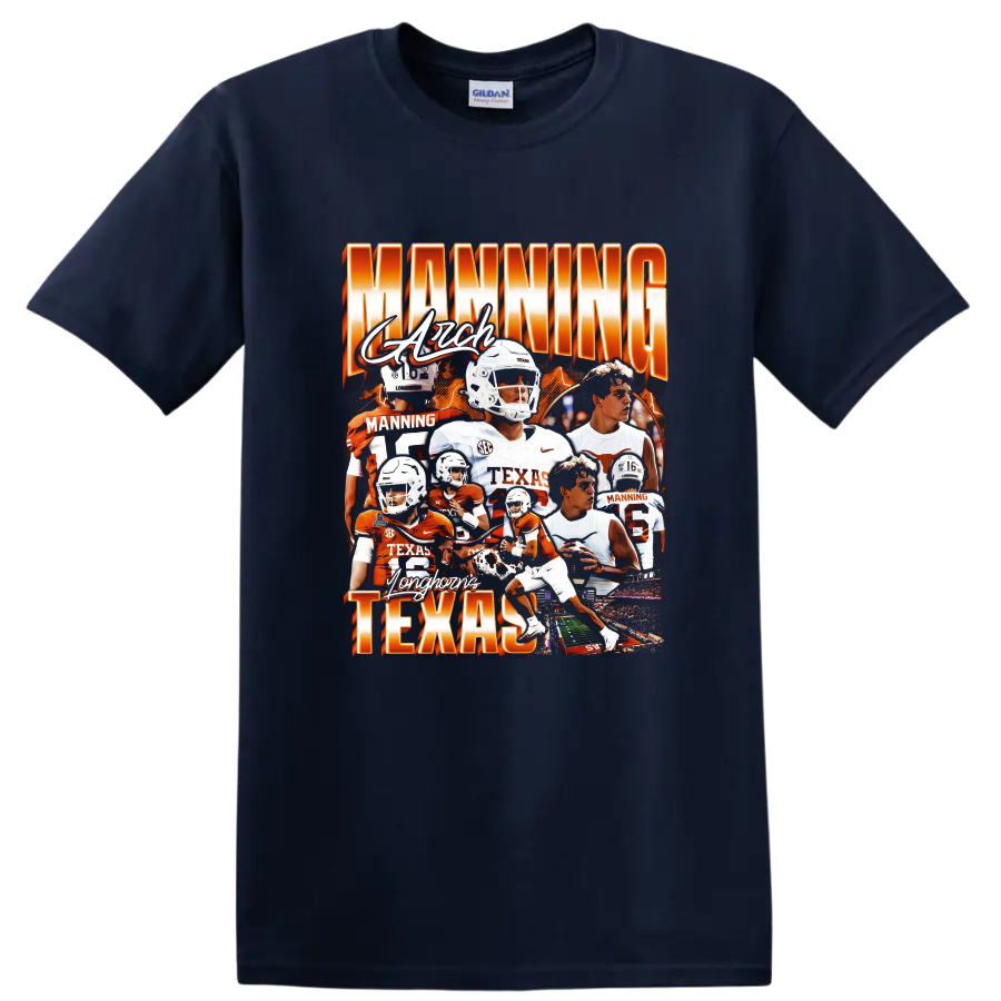 Arch Manning Texas Longhorns football collage with orange lettering and action scenes on a Navy (Blue) T Shirt