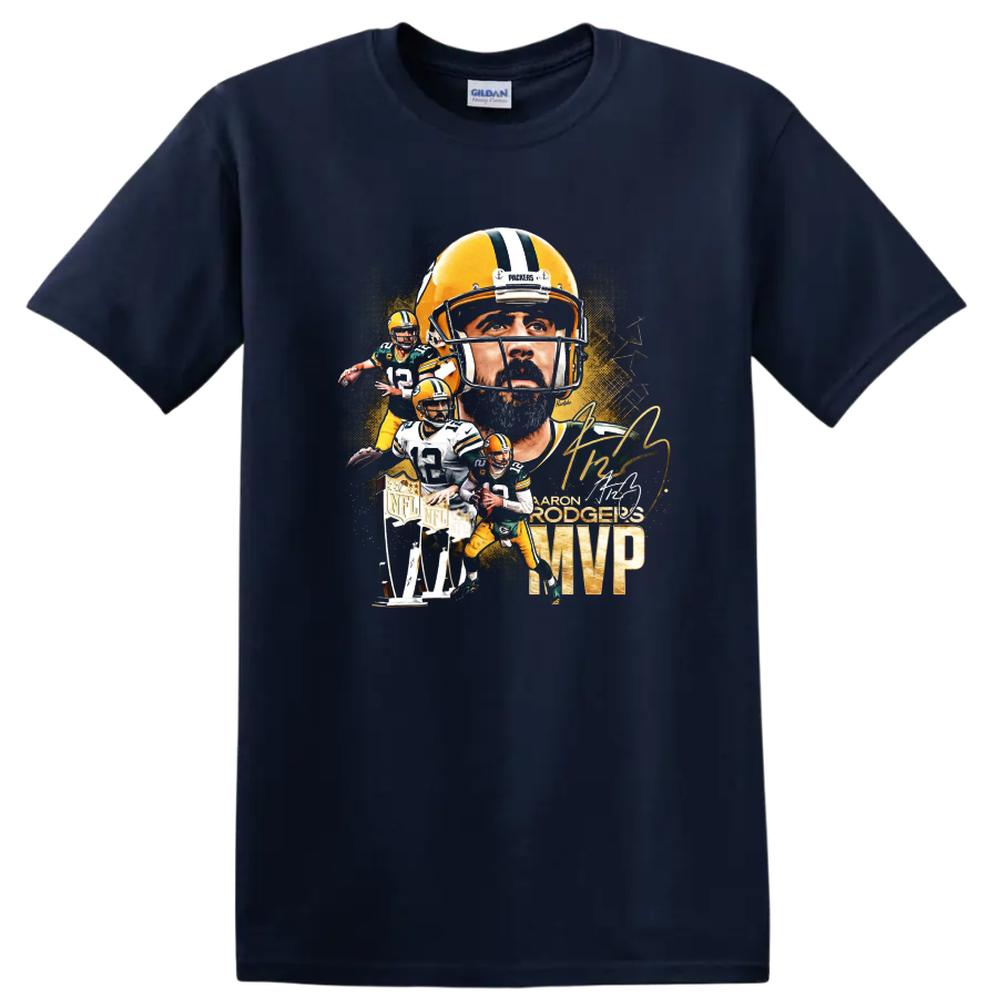 Aaron Rodgers Packers quarterback collage with helmet portrait, action poses, MVP text on a Navy (Blue) T Shirt