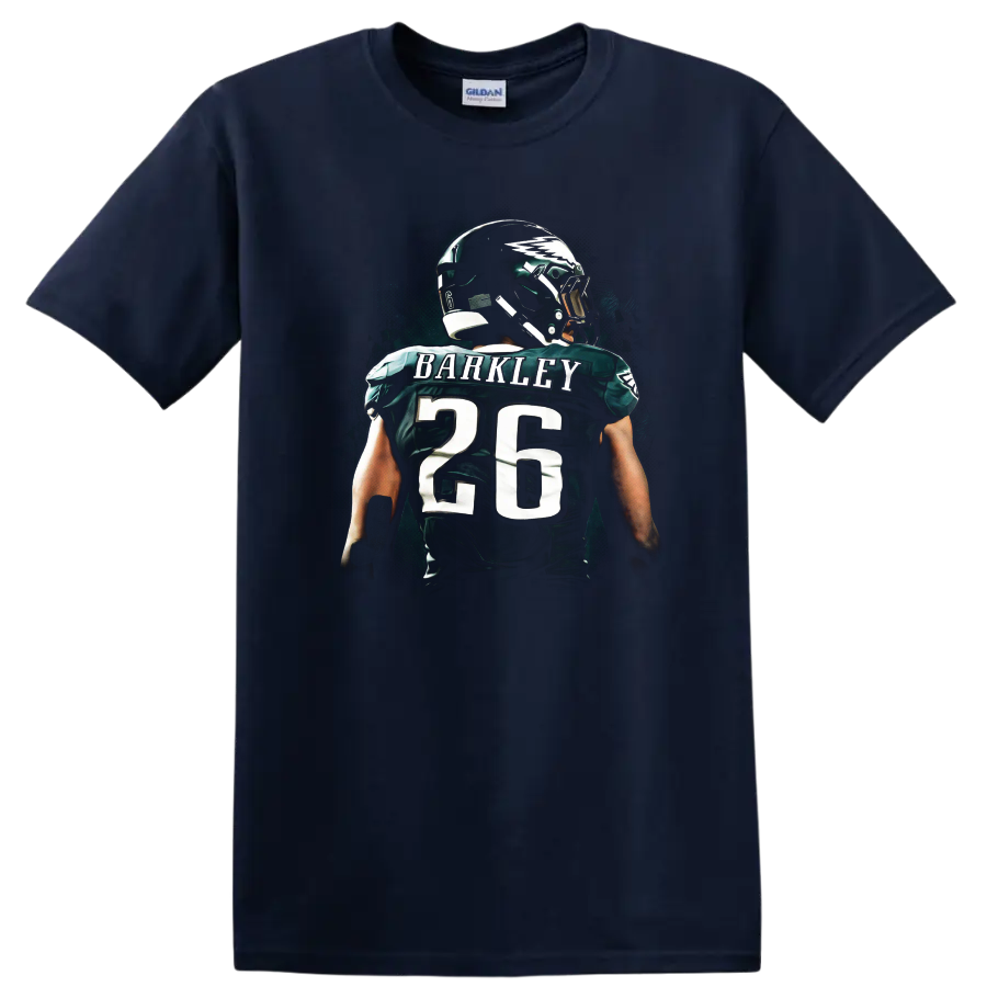 Saquon Barkley number 26 football jersey art with helmet and teal splatter backdrop on a Navy (Blue) T Shirt
