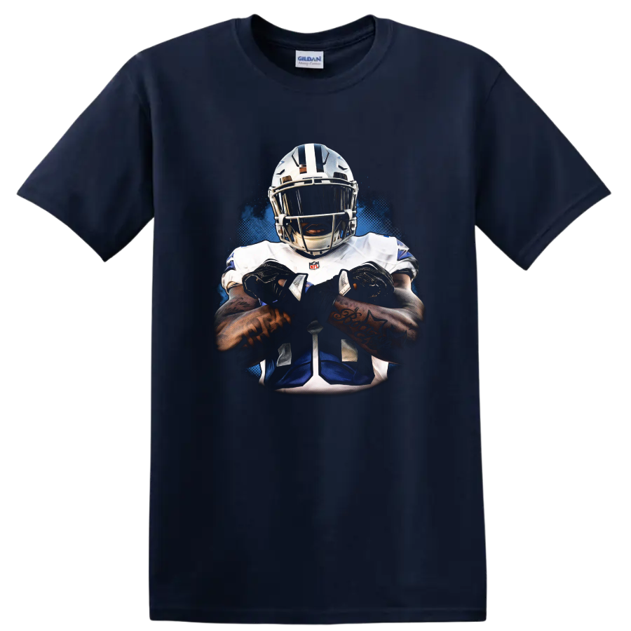 Trevon Diggs Dallas Cowboys helmeted football portrait with blue halftone effects on a Navy (Blue) T Shirt