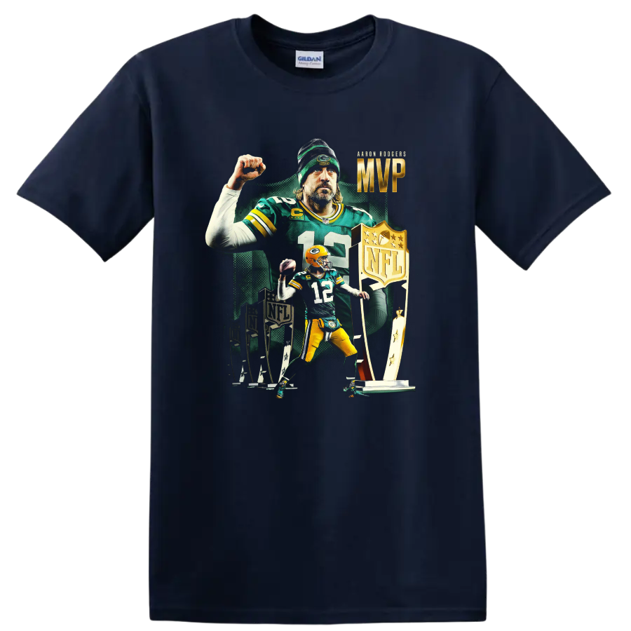 Aaron Rodgers Packers MVP football tribute with number 12, trophies, and bold artwork on a Navy (Blue) T Shirt
