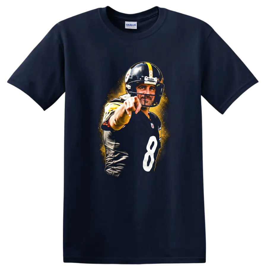 Ben Roethlisberger Steelers No. 8 pointing football graphic with golden halftone burst on a Navy (Blue) T Shirt
