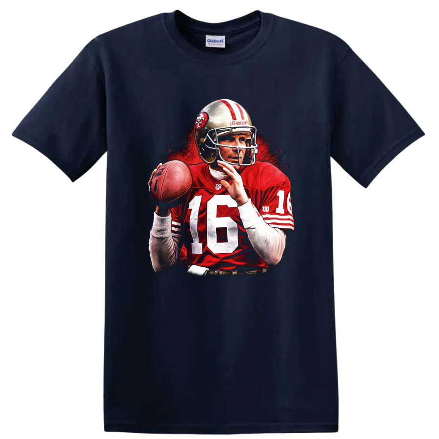 Joe Montana 49ers quarterback action portrait with football and red illustrated backdrop on a Navy (Blue) T Shirt