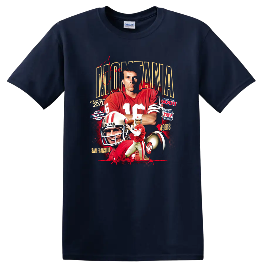 Joe Montana 49ers retro football collage with Super Bowl numerals and helmet on a Navy (Blue) T Shirt