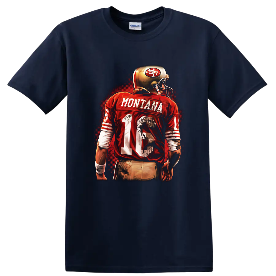 Joe Montana 49ers number 16 football player in distressed retro red artwork on a Navy (Blue) T Shirt