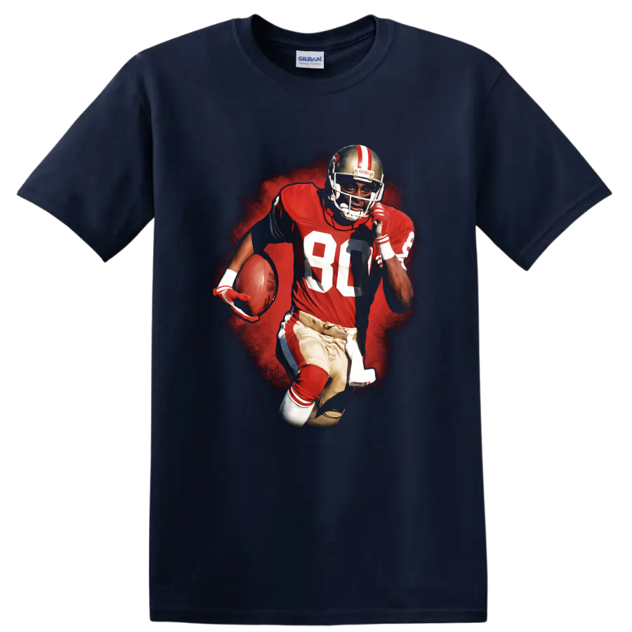 Jerry Rice 49ers number 80 action football graphic with red halftone backdrop on a Navy (Blue) T Shirt