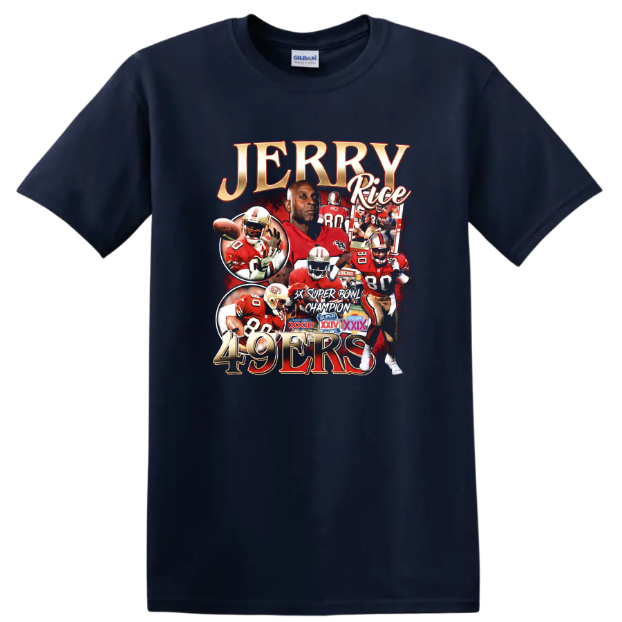 Jerry Rice 49ers football collage with number 80 action scenes and championship emblems on a Navy (Blue) T Shirt