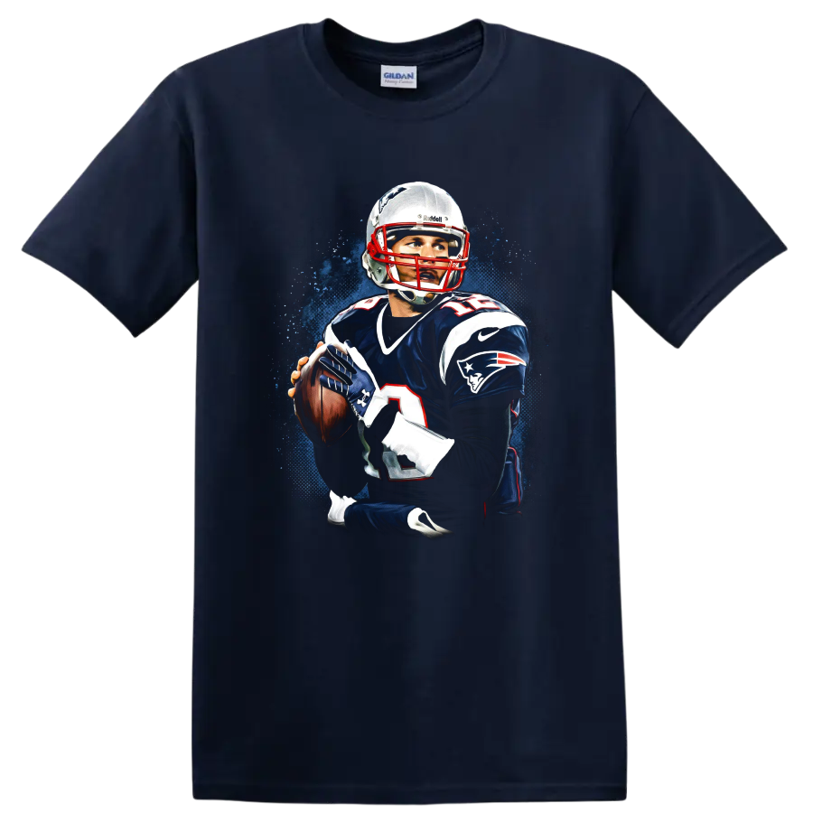 Tom Brady New England Patriots quarterback portrait with blue paint-splash backdrop on a Navy (Blue) T Shirt