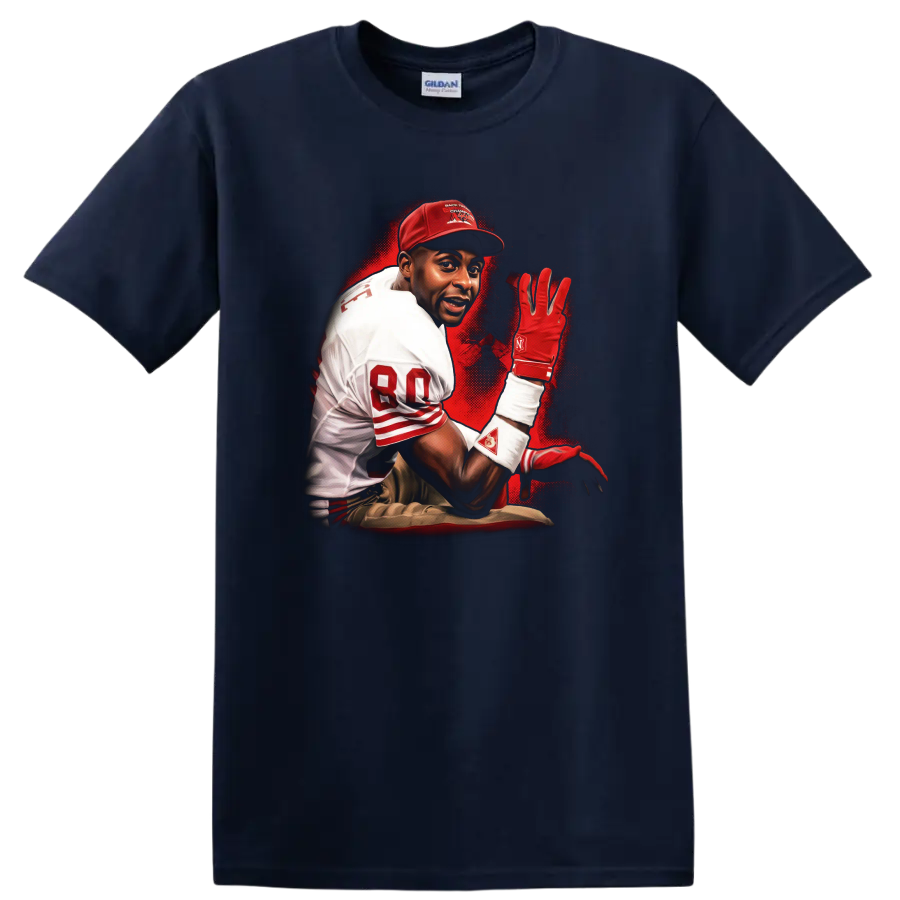 Jerry Rice 49ers-inspired football action portrait with red sports-poster splatter art on a Navy (Blue) T Shirt