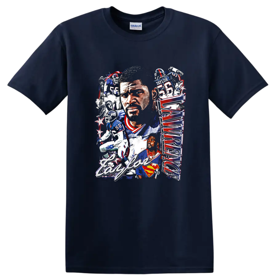 Lawrence Taylor New York Giants football portrait collage with number 56 action scenes on a Navy (Blue) T Shirt