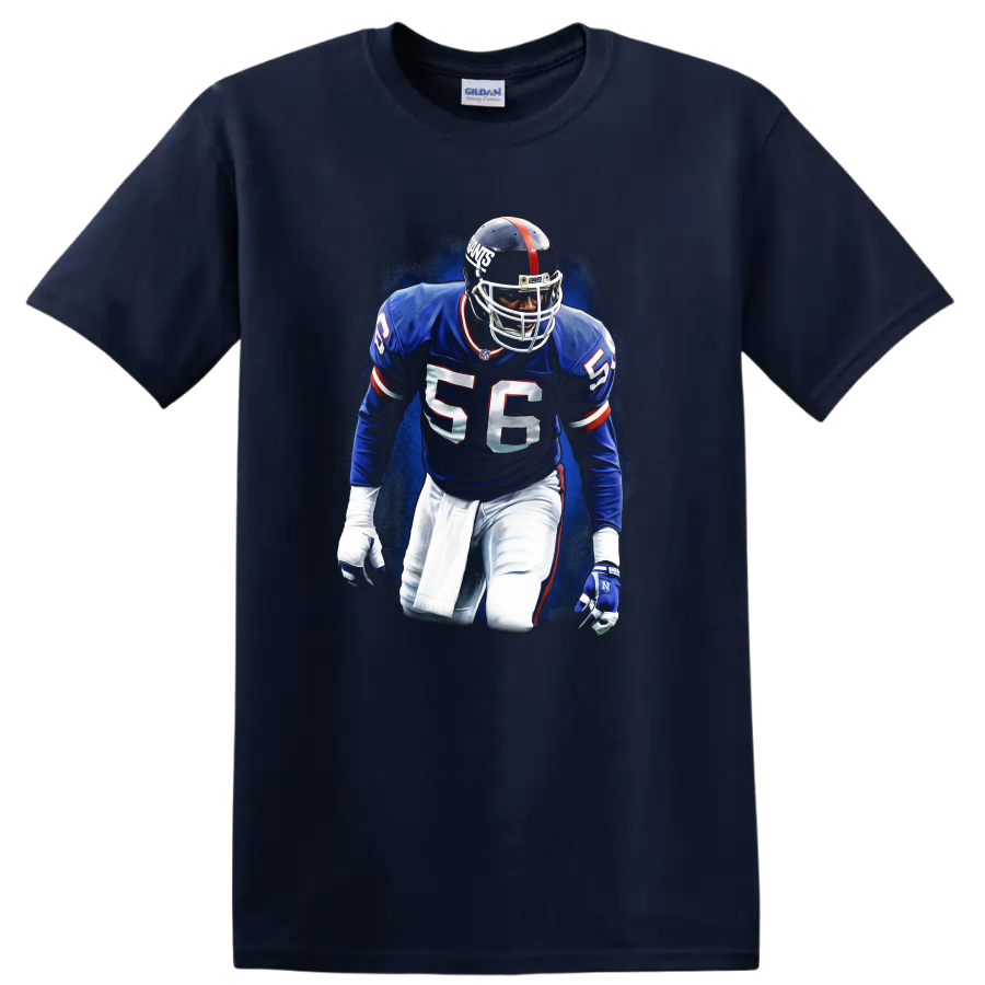 Lawrence Taylor number 56 New York Giants linebacker graphic with blue textured backdrop on a Navy (Blue) T Shirt