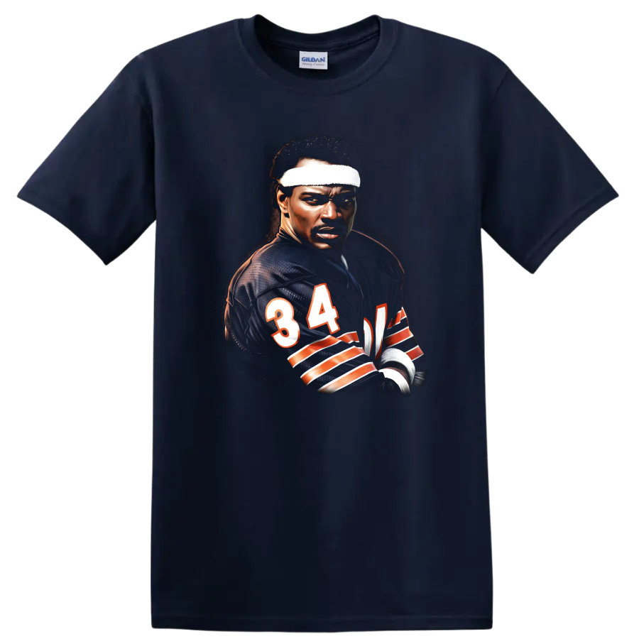 Walter Payton Chicago Bears number 34 football portrait in dramatic painterly style on a Navy (Blue) T Shirt