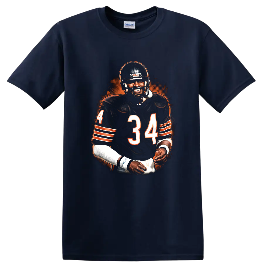 Walter Payton No. 34 football portrait with orange halftone background on a Navy (Blue) T Shirt