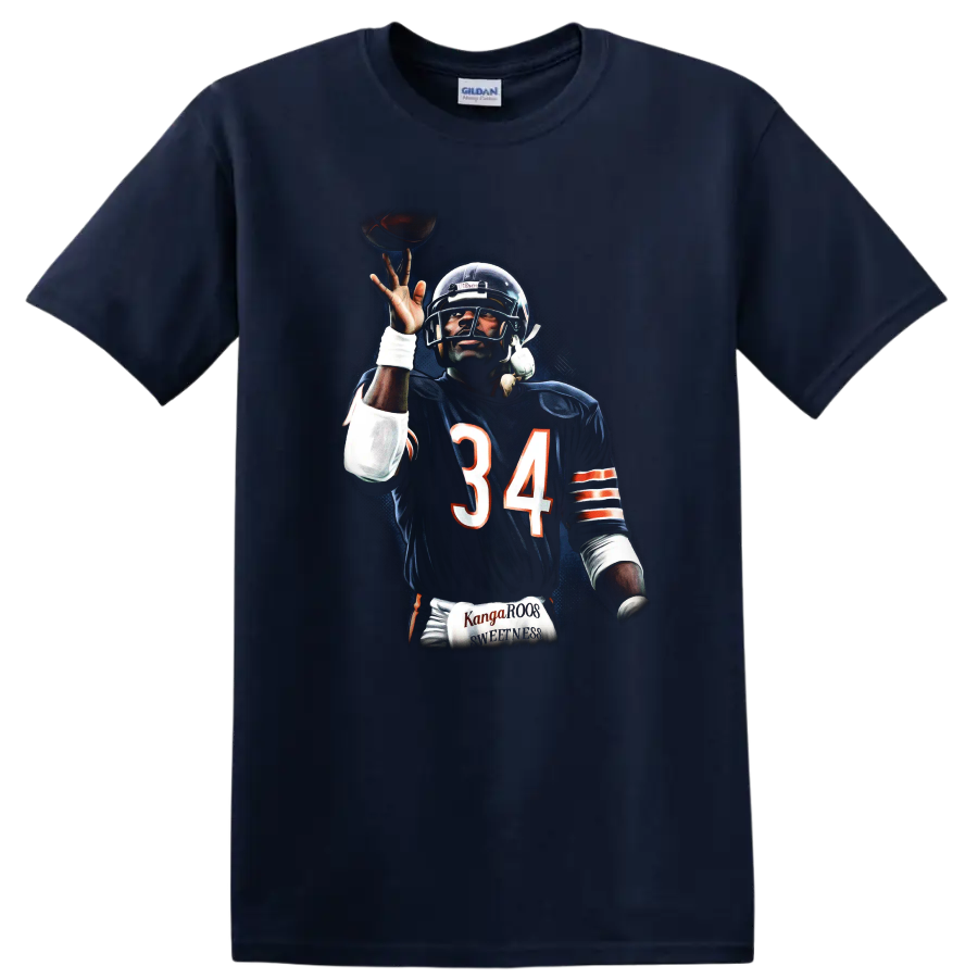 Walter Payton Chicago Bears number 34 football action portrait in dramatic retro style on a Navy (Blue) T Shirt