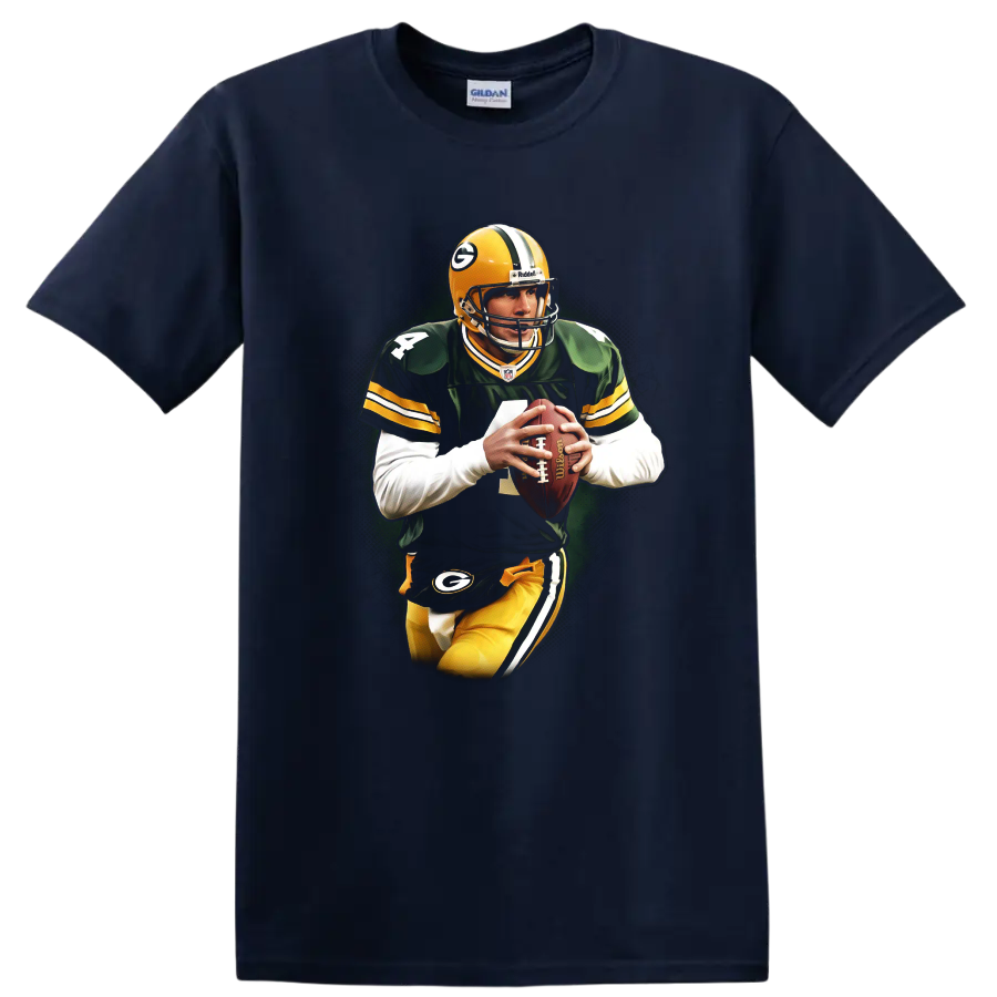 Aaron Rodgers Green Bay Packers quarterback action portrait with football on a Navy (Blue) T Shirt