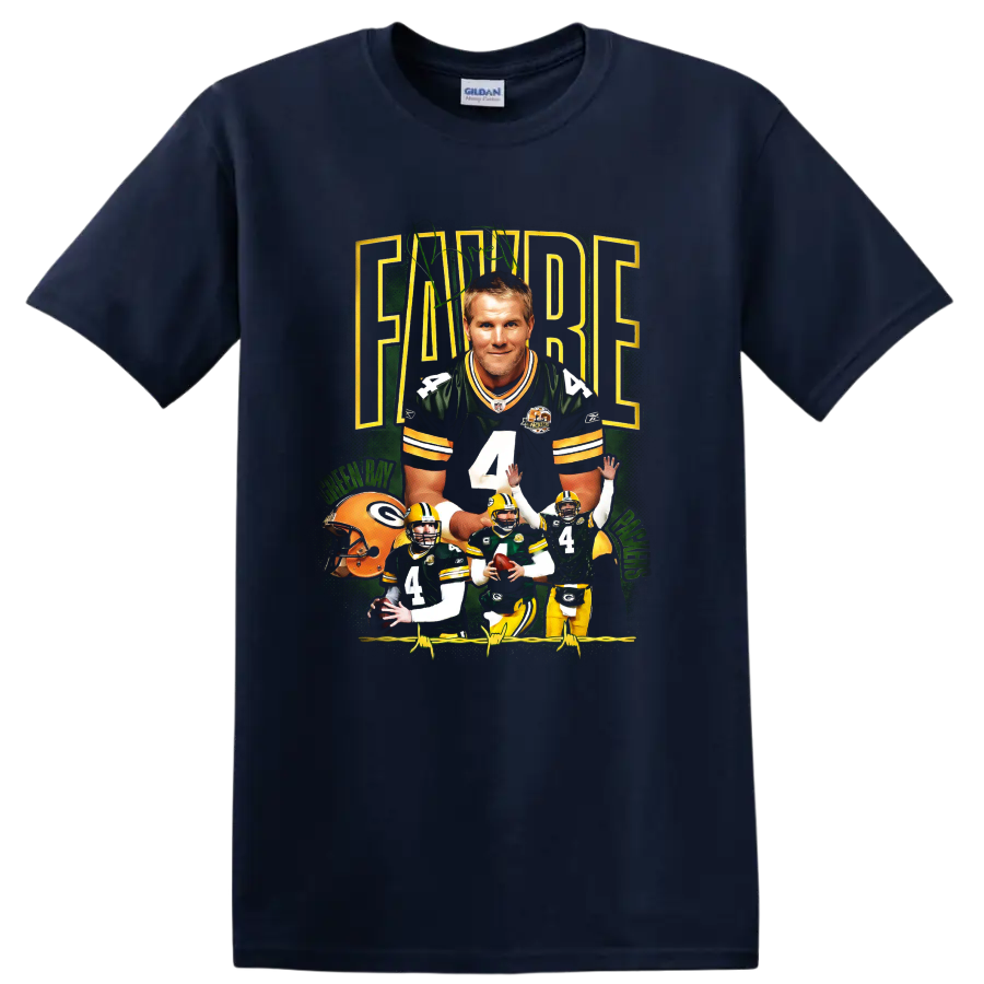 Brett Favre Packers number 4 football action collage in vintage sports-poster style on a Navy (Blue) T Shirt