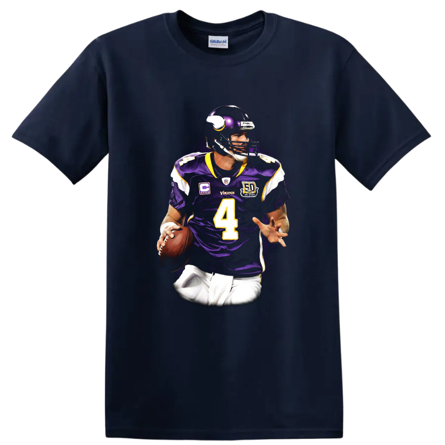 Brett Favre Minnesota Vikings quarterback portrait with purple number 4 uniform on a Navy (Blue) T Shirt