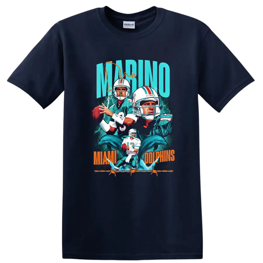 Dan Marino Miami Dolphins retro quarterback collage with dolphins and lightning on a Navy (Blue) T Shirt