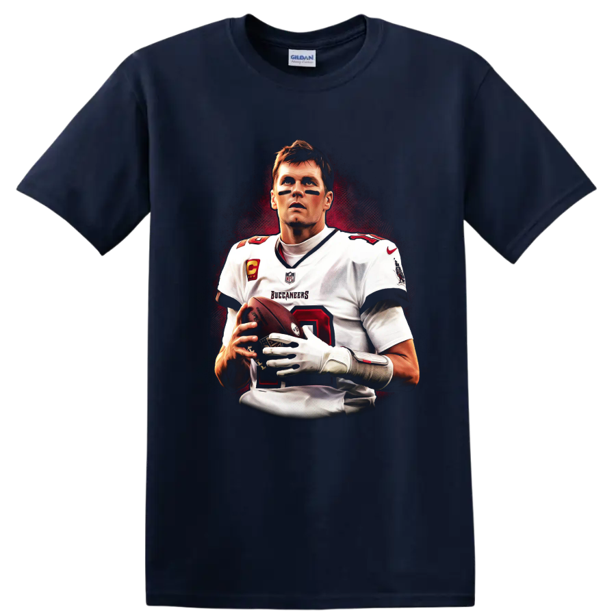 Tom Brady Buccaneers quarterback portrait with football and dramatic red backdrop on a Navy (Blue) T Shirt