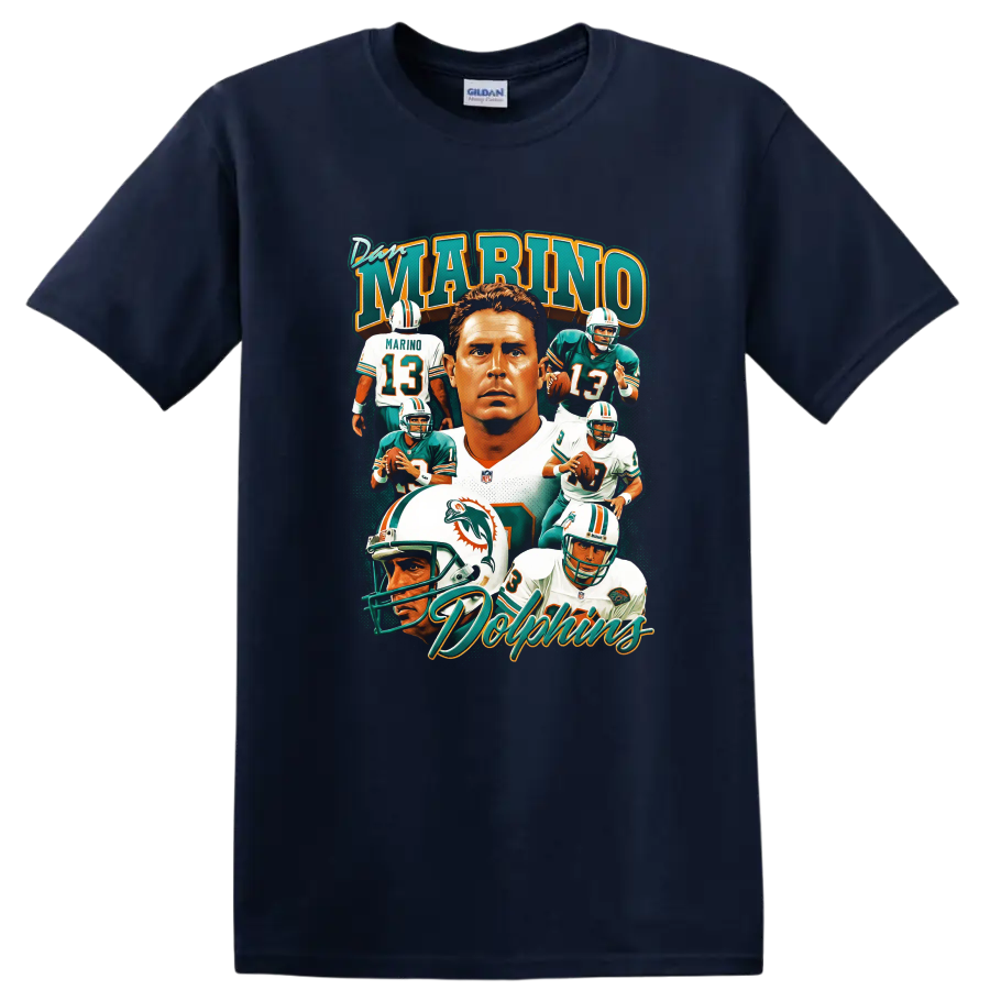 Dan Marino Miami Dolphins quarterback portrait collage with number 13 action scenes on a Navy (Blue) T Shirt