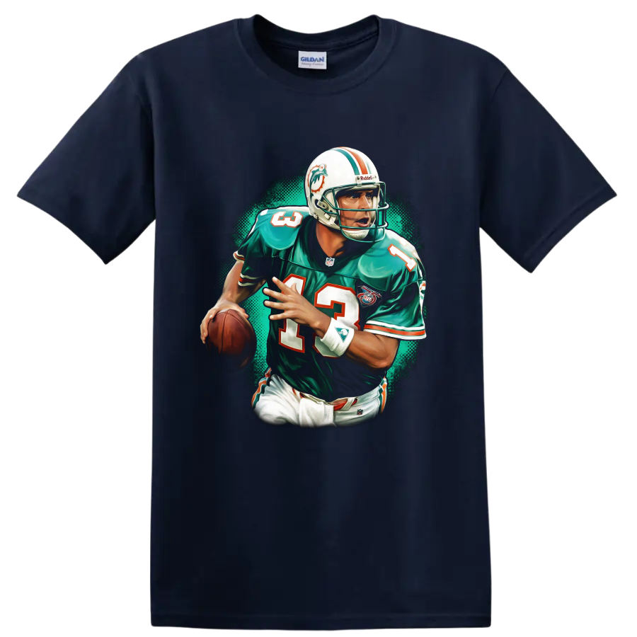 Dan Marino Miami Dolphins quarterback retro action portrait with teal halftone backdrop on a Navy (Blue) T Shirt