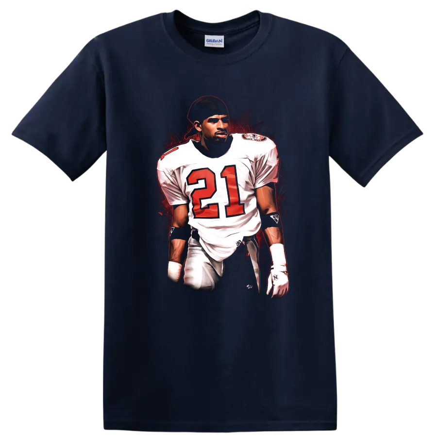 Deion Sanders number 21 football player illustration with red splatter background on a Navy (Blue) T Shirt