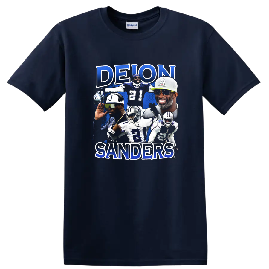 Deion Sanders football collage with blue paint splatter and DEION SANDERS lettering on a Navy (Blue) T Shirt