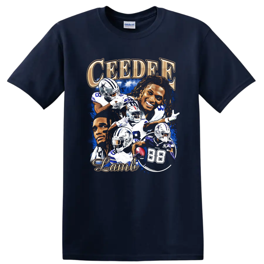 CeeDee Lamb Dallas Cowboys football action and portrait collage with gold lettering on a Navy (Blue) T Shirt