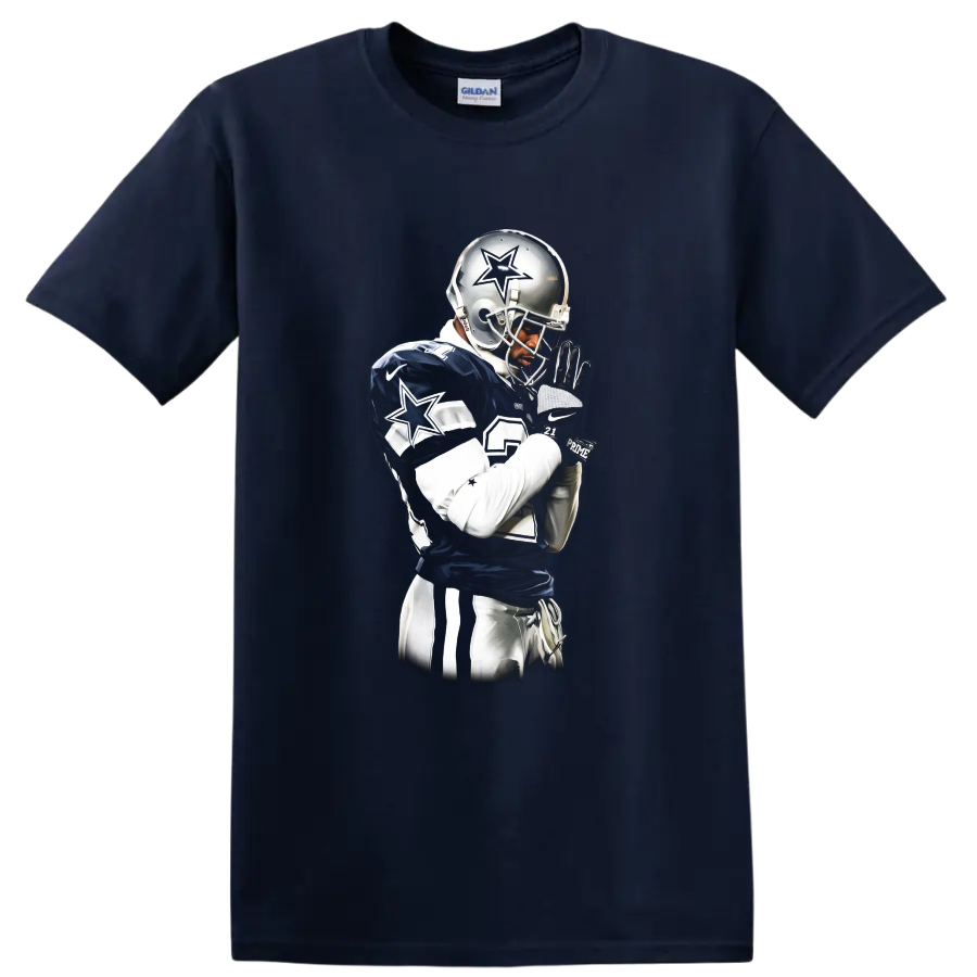 Deion Sanders Dallas Cowboys football portrait with silver helmet and star details on a Navy (Blue) T Shirt