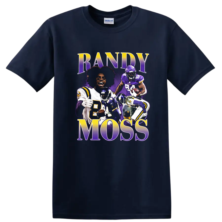 Randy Moss Minnesota Vikings football action collage with RANDY MOSS lettering on a Navy (Blue) T Shirt