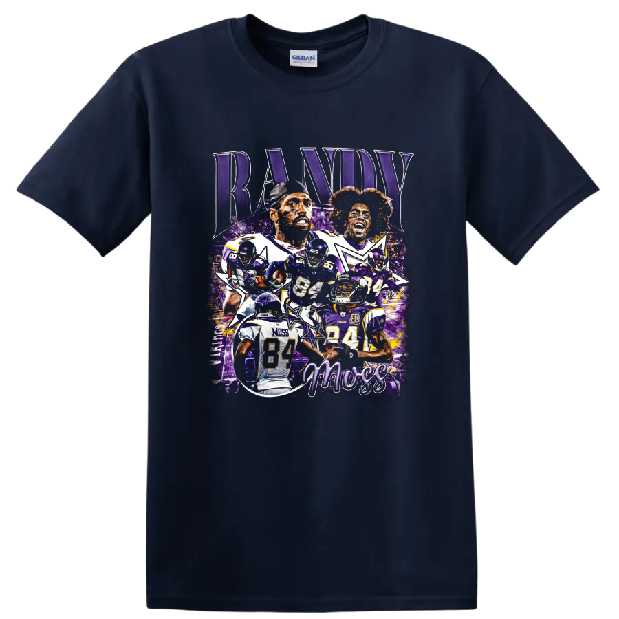Randy Moss Minnesota Vikings purple football collage with action poses and number 84 on a Navy (Blue) T Shirt