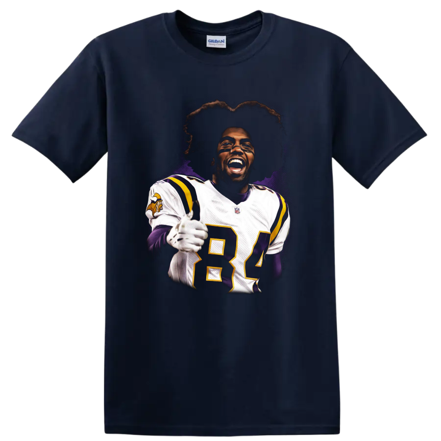 Randy Moss Minnesota Vikings number 84 football portrait with purple splatter art on a Navy (Blue) T Shirt