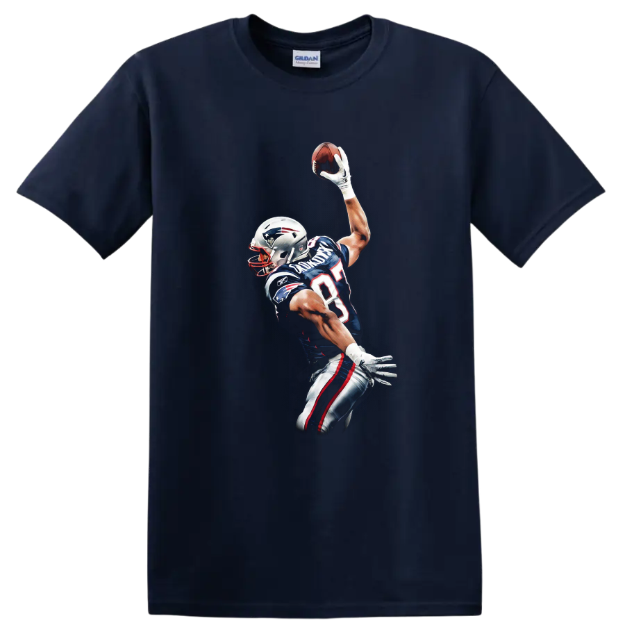 Rob Gronkowski Patriots football player making a one-handed catch in dramatic action art on a Navy (Blue) T Shirt