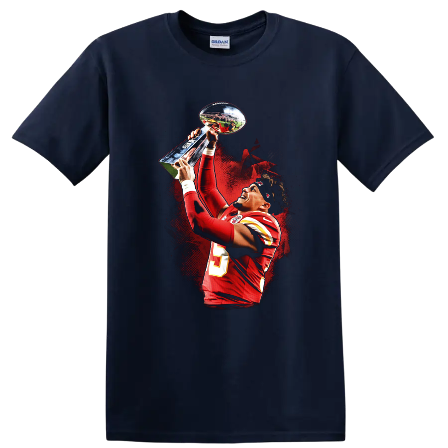 Patrick Mahomes raising a trophy in red football uniform with dramatic red splatter art on a Navy (Blue) T Shirt