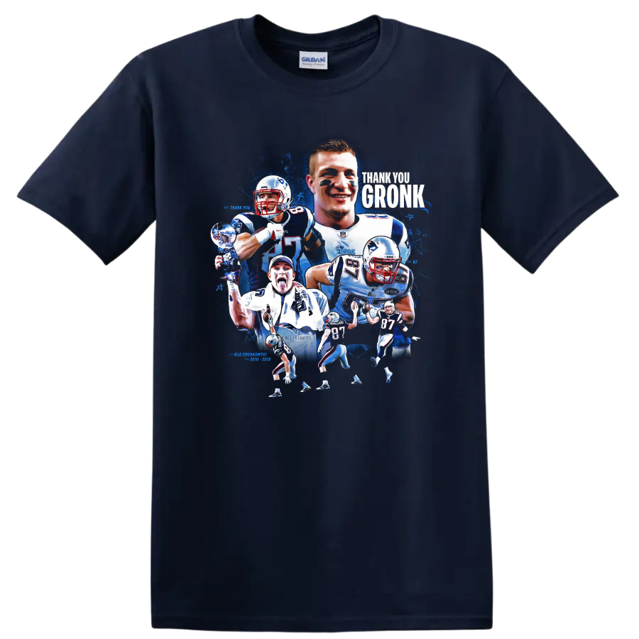 Rob Gronkowski Patriots football action collage with Thank You Gronk lettering on a Navy (Blue) T Shirt