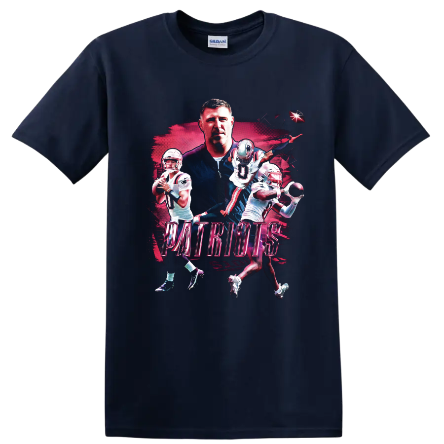 Drake Maye and Stefon Diggs Patriots football action collage with bold PATRIOTS text on a Navy (Blue) T Shirt