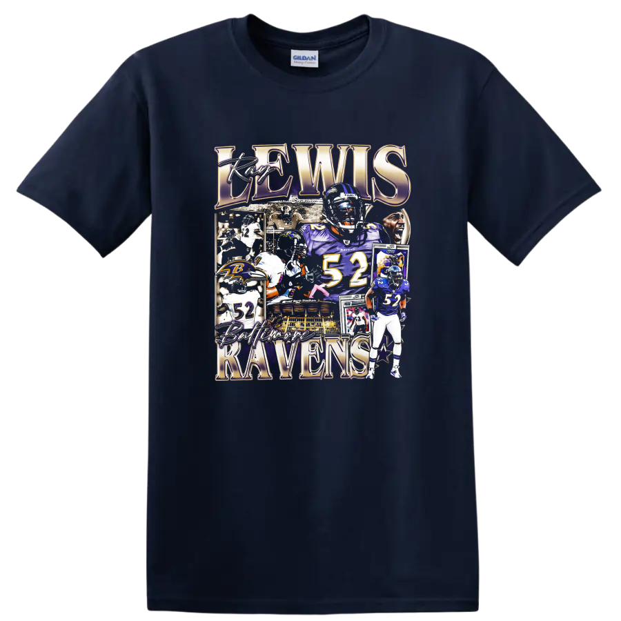 Ray Lewis Baltimore Ravens number 52 football collage with stadium and helmet portraits on a Navy (Blue) T Shirt
