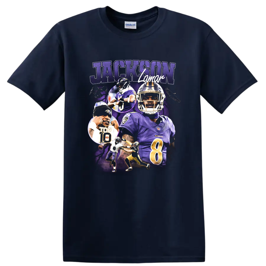 Lamar Jackson Baltimore Ravens number 8 football portrait collage with JACKSON text on a Navy (Blue) T Shirt