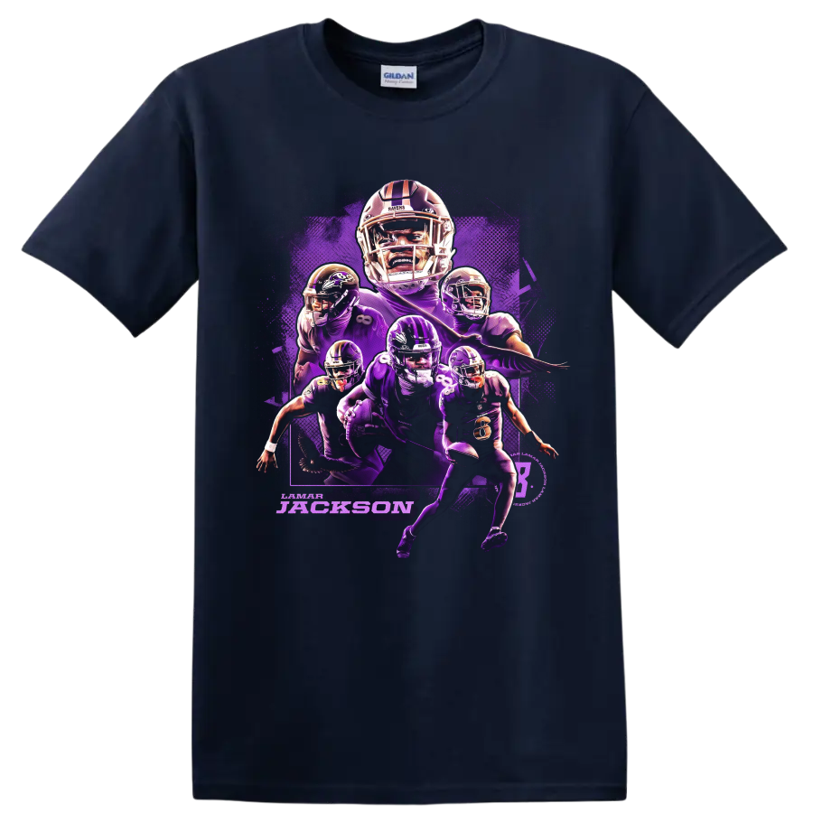 Lamar Jackson Baltimore Ravens purple football action collage with layered player poses on a Navy (Blue) T Shirt