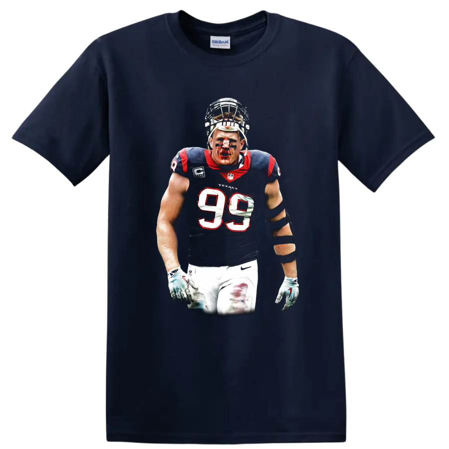 J.J. Watt Houston Texans defensive player portrait in gritty football graphic style on a Navy (Blue) T Shirt