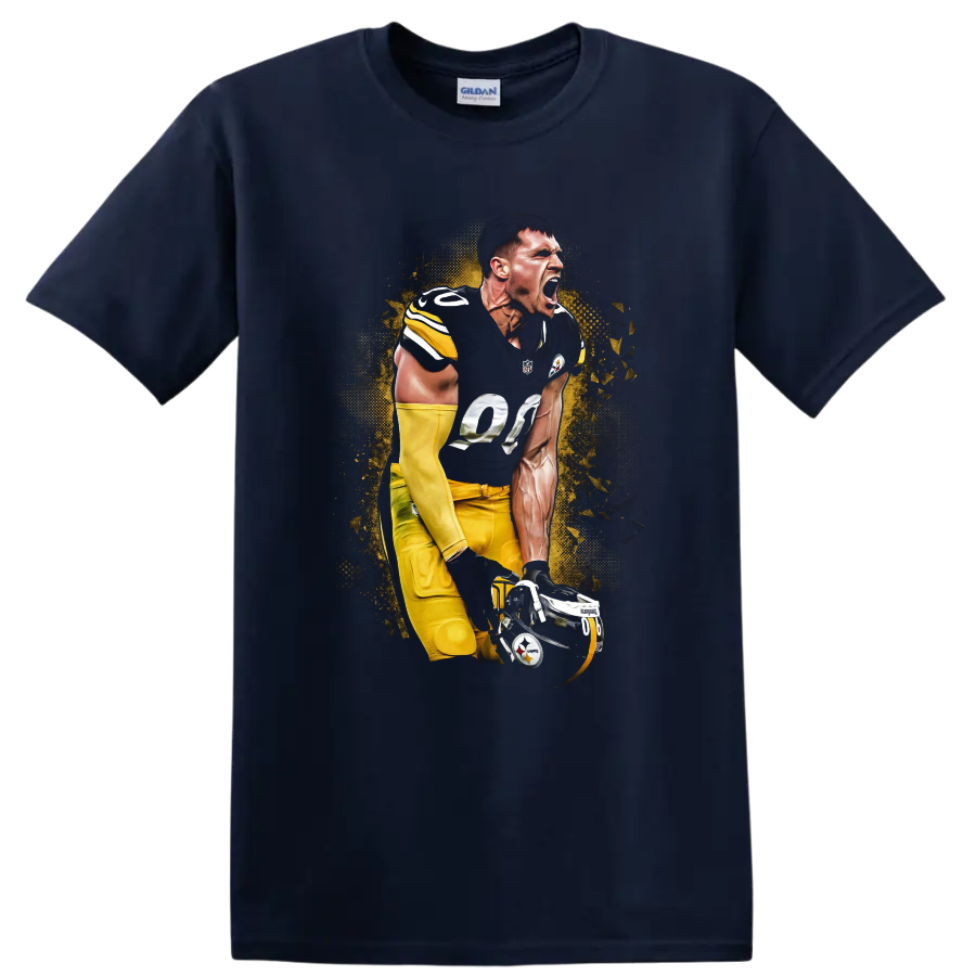 Ben Roethlisberger Steelers quarterback in a roaring pose with gold halftone burst art on a Navy (Blue) T Shirt