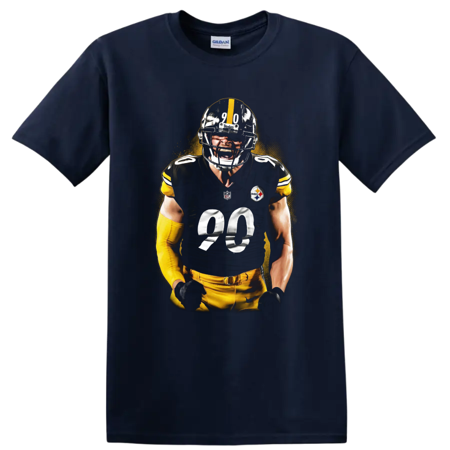 T.J. Watt Steelers defensive football player portrait with gold halftone backdrop on a Navy (Blue) T Shirt