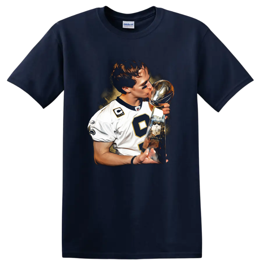 Drew Brees kissing the Vince Lombardi Trophy in dramatic football portrait art on a Navy (Blue) T Shirt