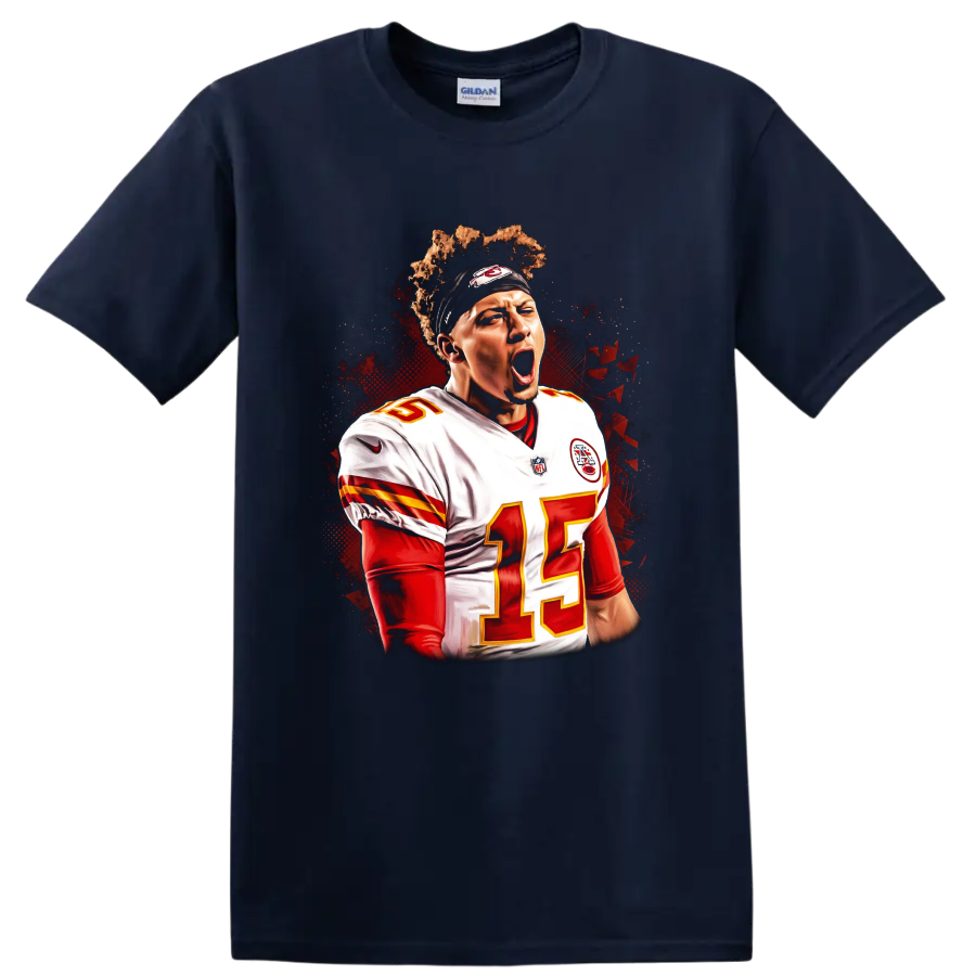 Patrick Mahomes Chiefs number 15 quarterback portrait with red and black action art on a Navy (Blue) T Shirt