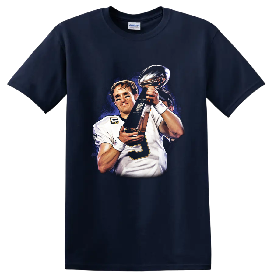 Drew Brees holding Lombardi Trophy in illustrated New Orleans Saints football art on a Navy (Blue) T Shirt