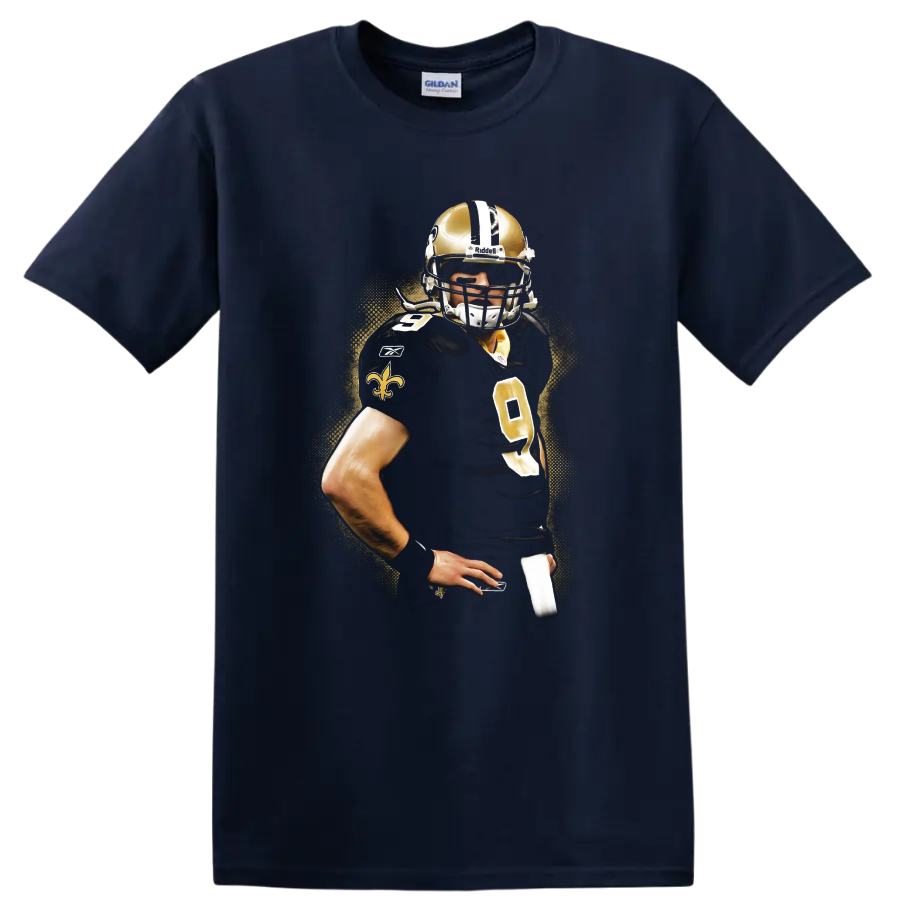 Drew Brees New Orleans Saints quarterback portrait with gold splatter background on a Navy (Blue) T Shirt