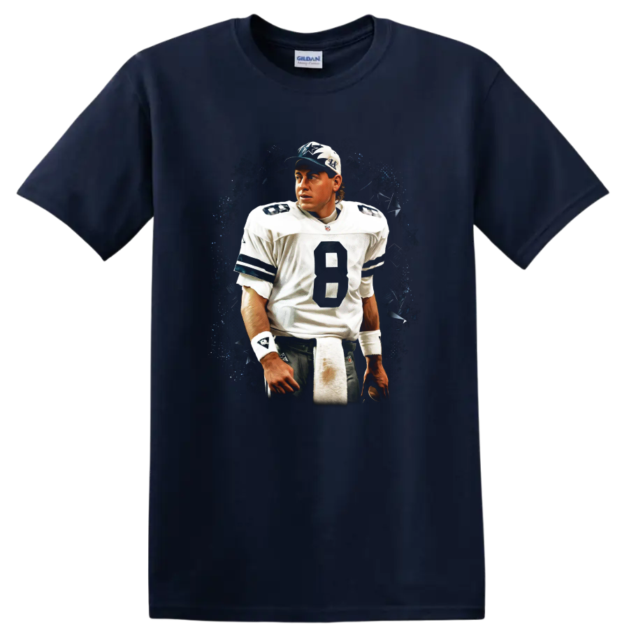 Troy Aikman Dallas Cowboys quarterback portrait with dark vintage splatter backdrop on a Navy (Blue) T Shirt