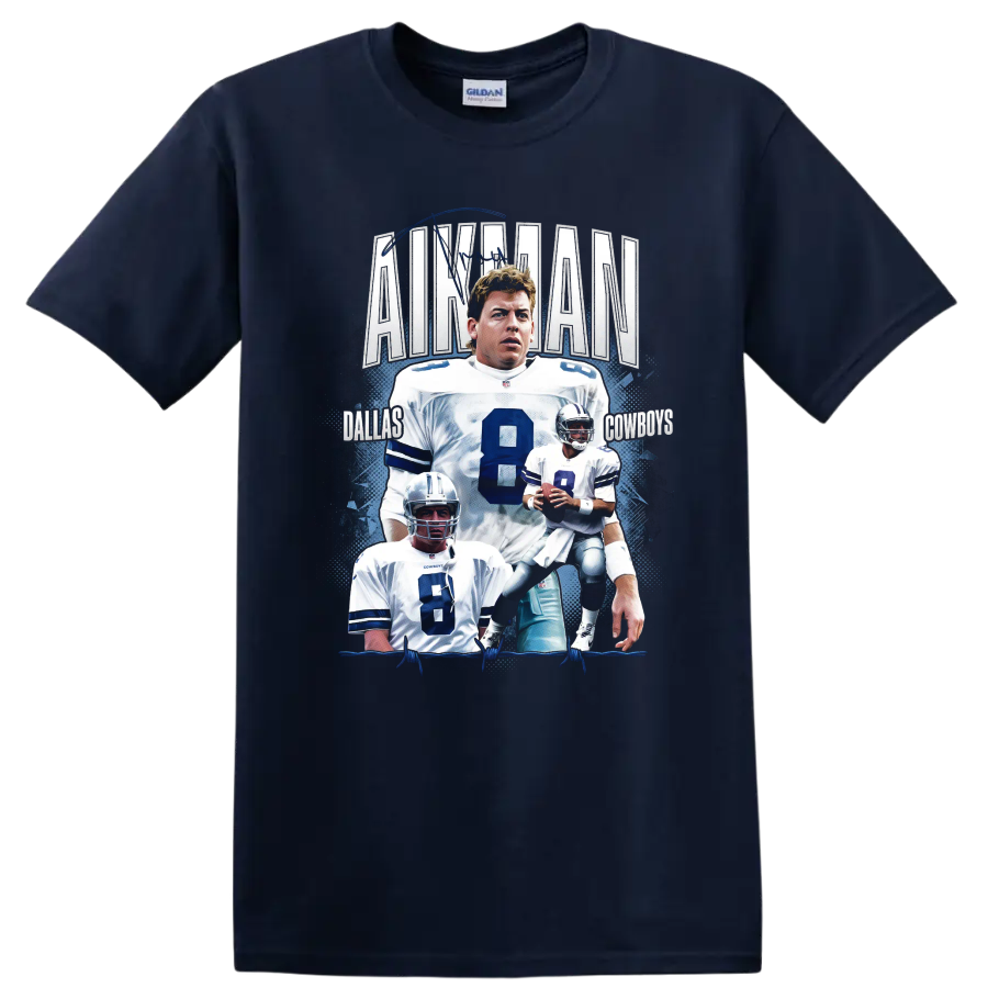 Troy Aikman Dallas Cowboys No. 8 football collage with quarterback action portraits on a Navy (Blue) T Shirt
